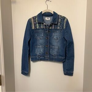 JOLT Womens Denim Jean Jacket Size S Short Style Stretch‎ Panel Design Aztec EUC